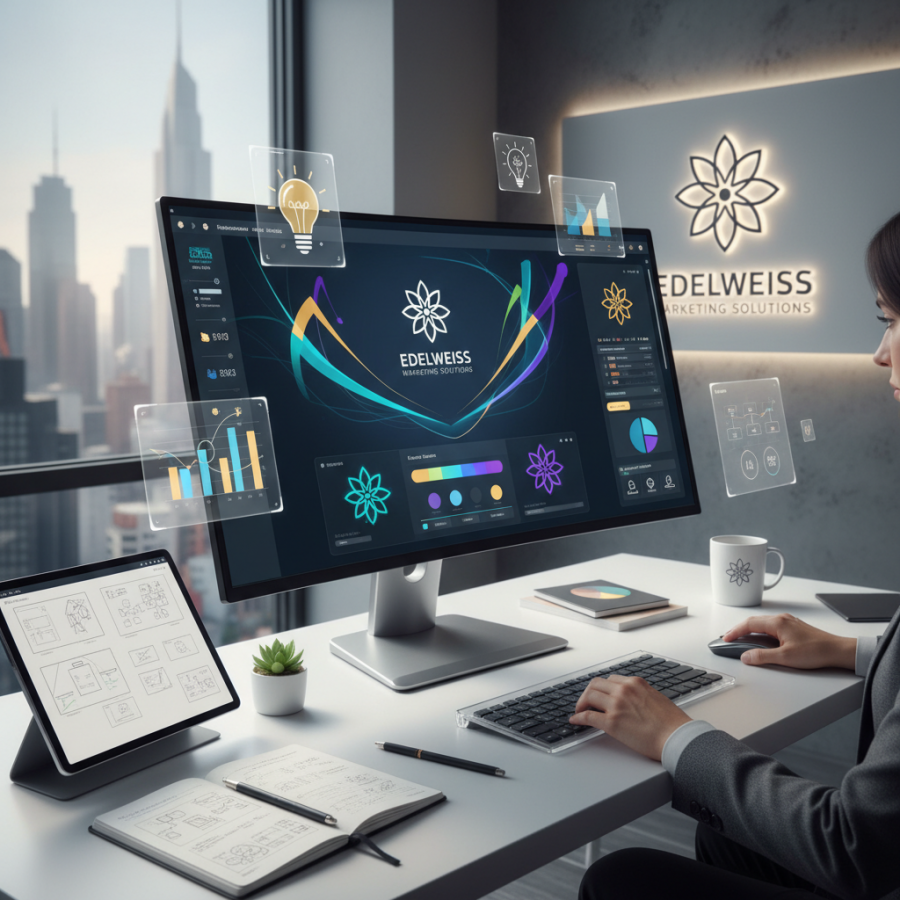 Photorealistic personalized branding in a sleek digital workspace by Edelweiss Marketing Solutions.