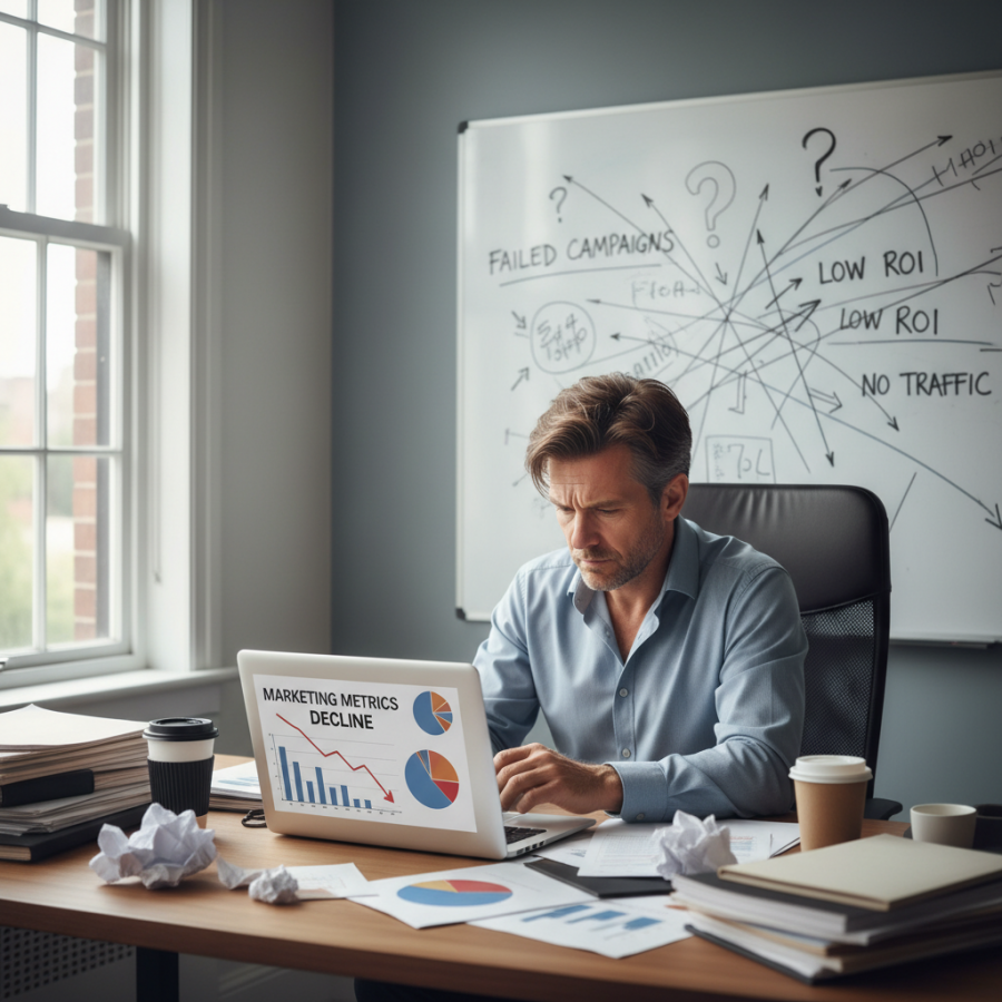 Frustrated business owner at a cluttered desk, symbolizing marketing challenges.