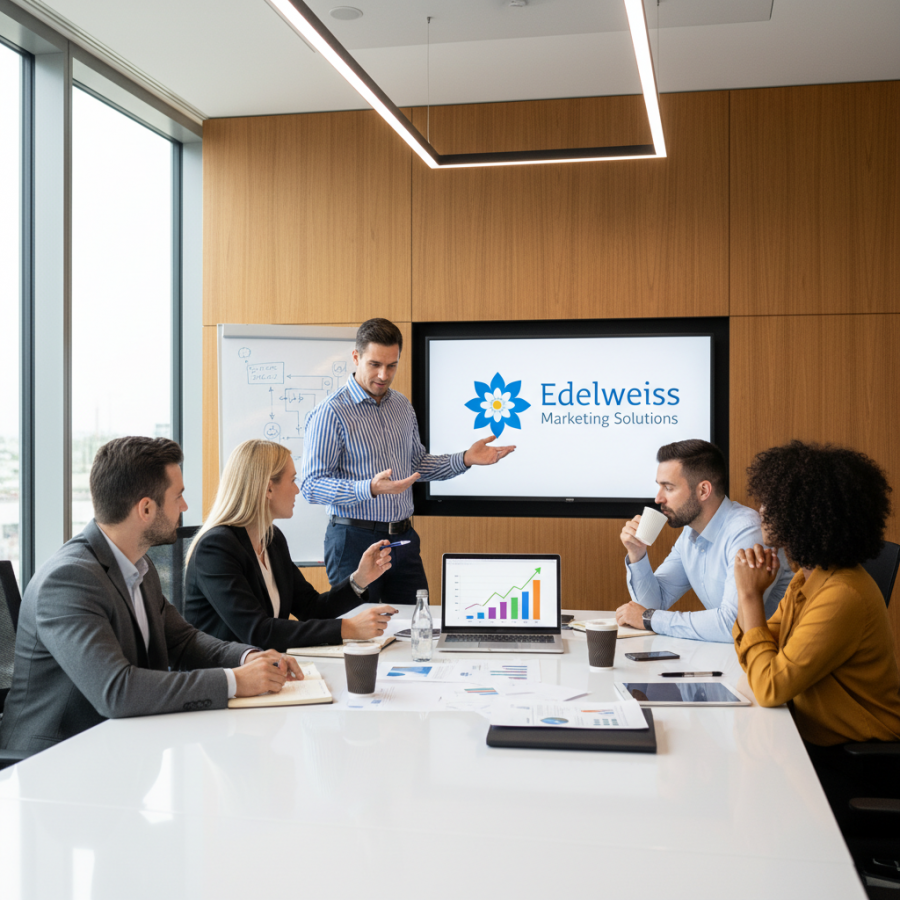 Modern office meeting at Edelweiss Marketing Solutions with five professionals collaborating.