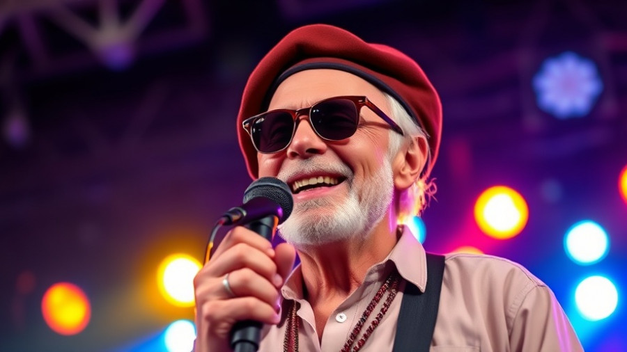 Experienced performer on stage with vivid concert lighting.