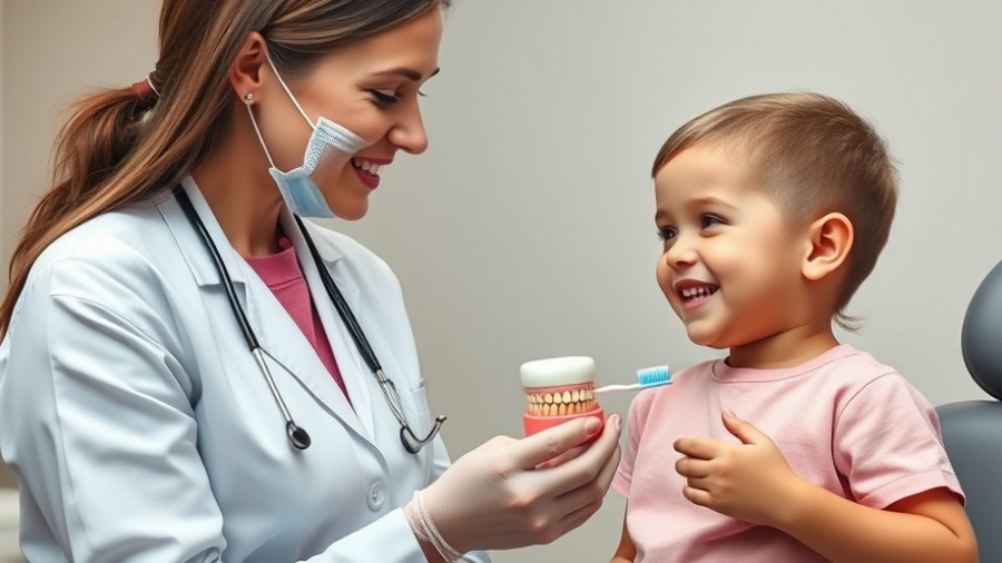 Female dentist instructing child with dental model in clinic.