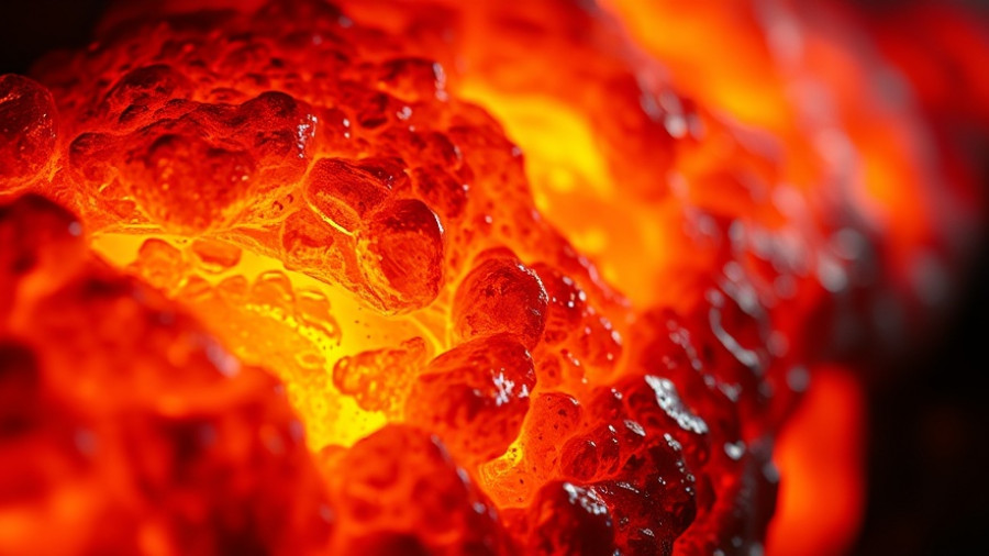 Close-up view of glowing orange molten surface, warm light.