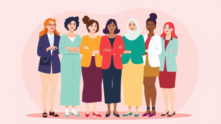 Illustration of supportive women with menopause symbol on pink background.