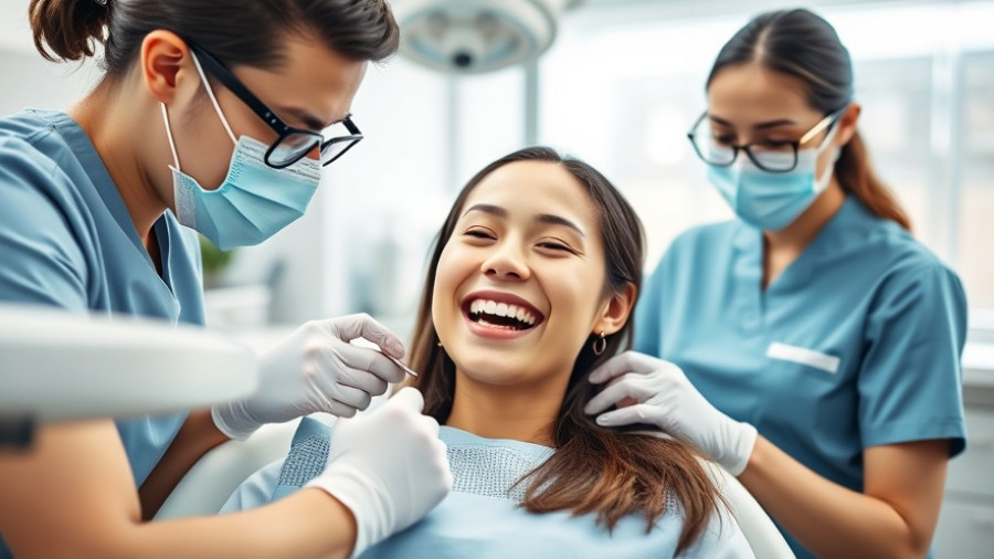 International student in NHS dental check-up, smiling widely.