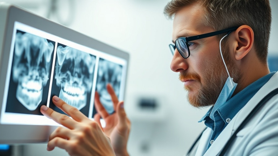 Dentist examines x-rays; gum disease and cavities increase stroke risk.