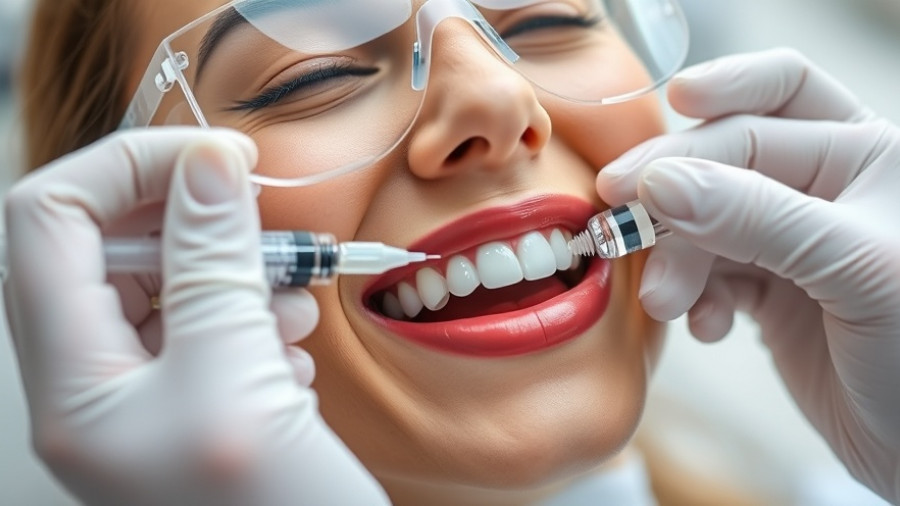 Close-up of teeth whitening treatment procedure with protective eyewear.