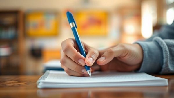 Student's hands writing during an exam with warm lighting.