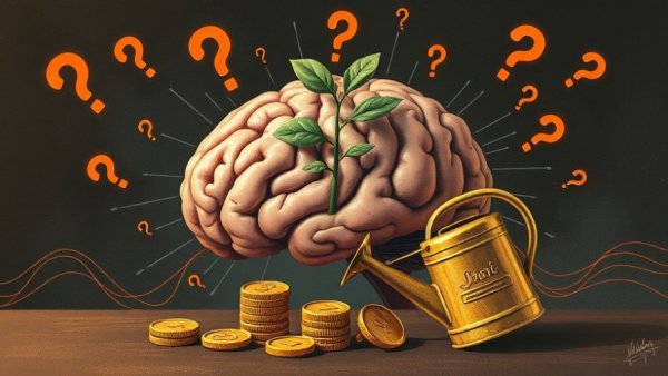 Conceptual illustration of money dysmorphia with brain and coins.