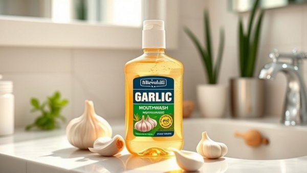 Garlic mouthwash bottle on bathroom counter, vibrant.