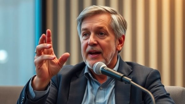 Man speaking into microphone about gum disease treatment outcomes.