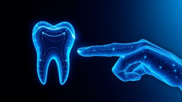 Futuristic digital tooth and hand on dental magazine cover.