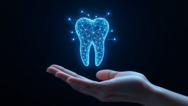 Futuristic digital tooth and hand illustration, symbolizing innovation.