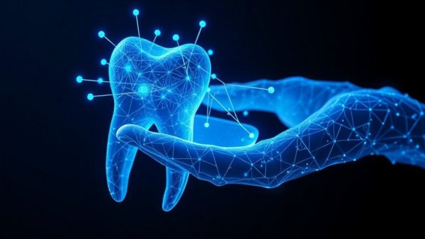 Futuristic digital tooth and hand illustration with glowing blue nodes, related to MPS Foundation Research Grants.