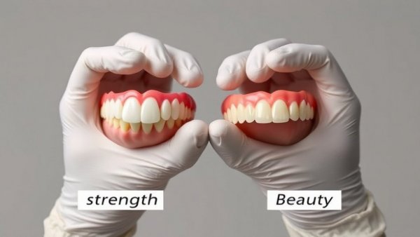 All-on-4 Teeth Material comparison labeled 'Strength' vs 'Beauty'.
