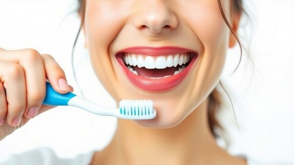 Cheerful woman brushing teeth, avoiding tooth decay, on white background.