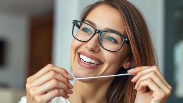 Young woman demonstrating effective teeth cleaning with floss.