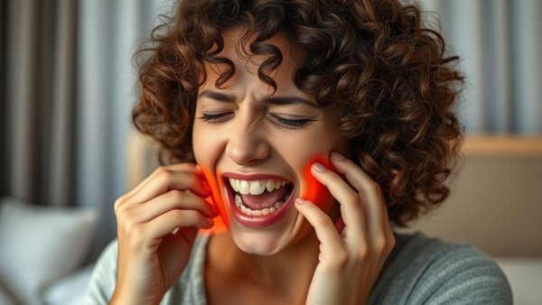 Woman in pain, urgent dental care in Ipswich needed.