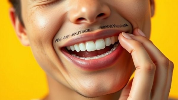 Close-up of person fitting a dental aligner, highlighting microplastics.