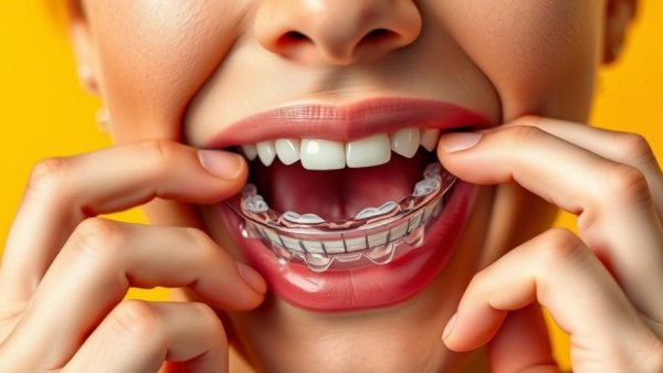 Person adjusting clear dental aligner, focusing on microplastics effect on the immune system.