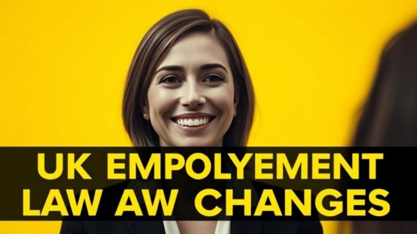Bright graphic on UK employment law changes 2023 with a smiling woman.