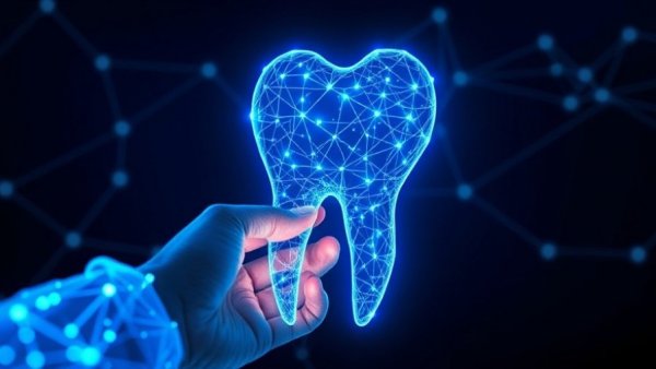 Digital innovation in dental exams with futuristic tooth and hand.