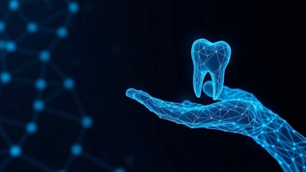 Futuristic digital design of hand holding tooth; new generation of dental exams.