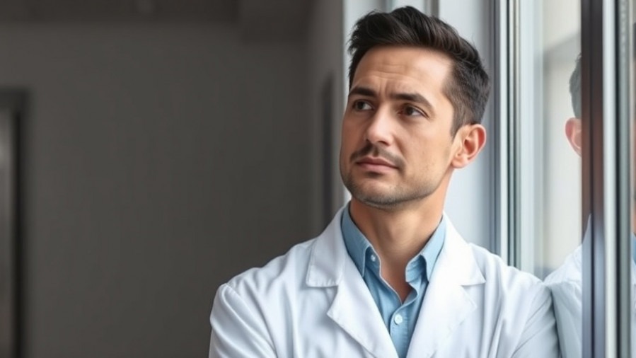 Thoughtful dentist in white coat by clinic window, contemplating dental regulation trends.