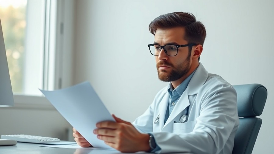 Dentist reviewing documents on GDC fee increase, focused and concerned in bright office.