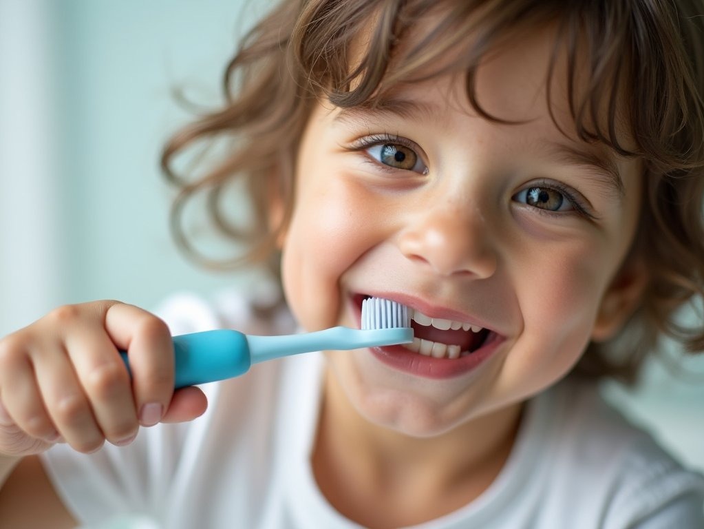 Child smiling while brushing teeth in bathroom mirror, promoting children's supervised toothbrushing programs.