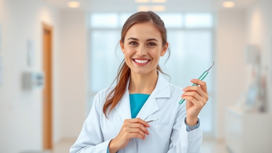 Confident female dentist in white coat showcasing enhanced skills in a modern clinic.