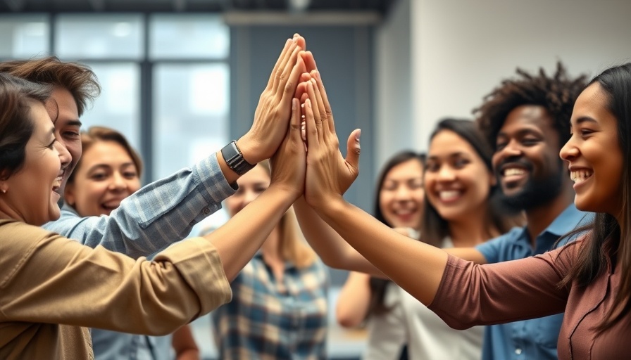 Team excitedly reaching for high-five, symbolizing unity.