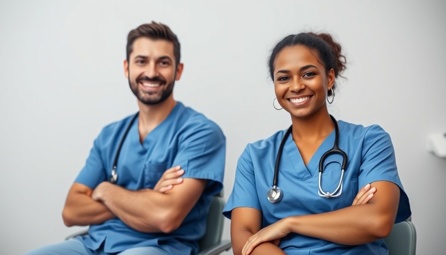 Dental professionals in Orkney smiling in blue scrubs.