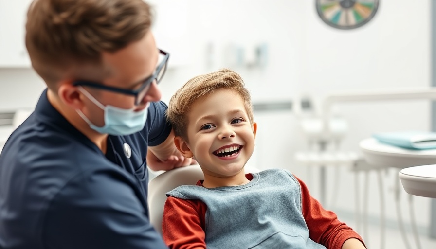 Young boy smiling with dentist in modern clinic discussing oral health.
