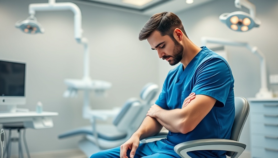 Contemplative male dentist seated in modern office, facing down.