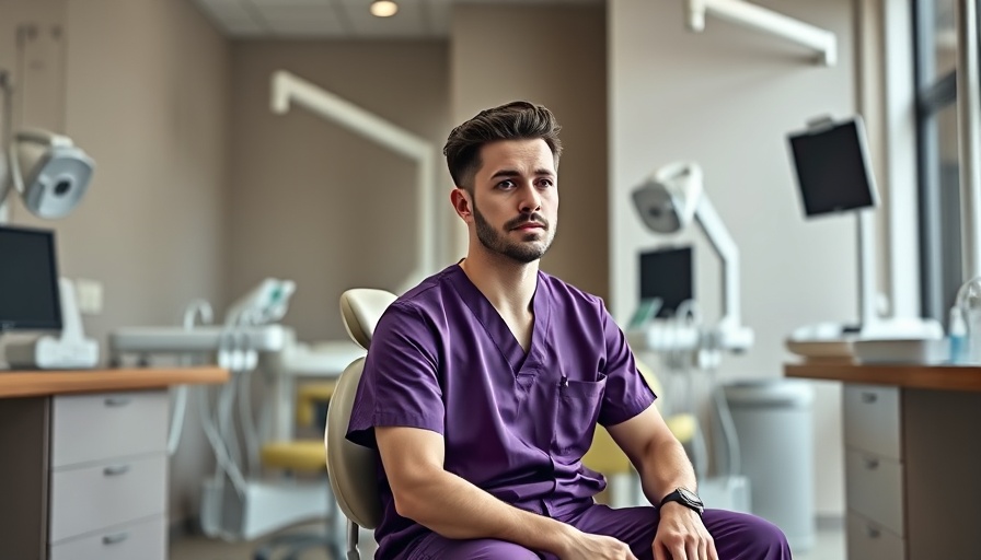 Male dentist sitting pensively in a dental clinic.