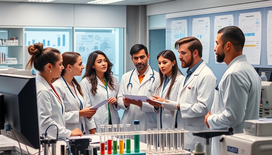 Professionals in a lab discussing clinical trials.