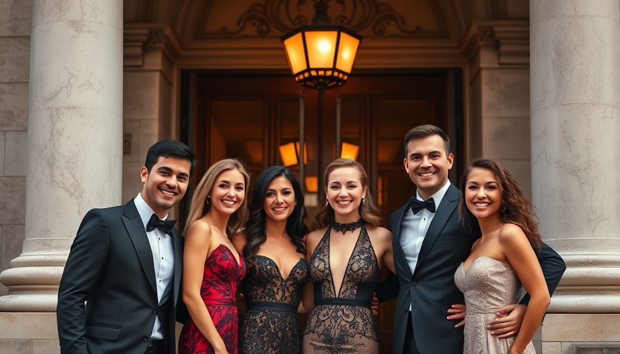Elegant group in evening attire posing, UK Dental Care Innovations.