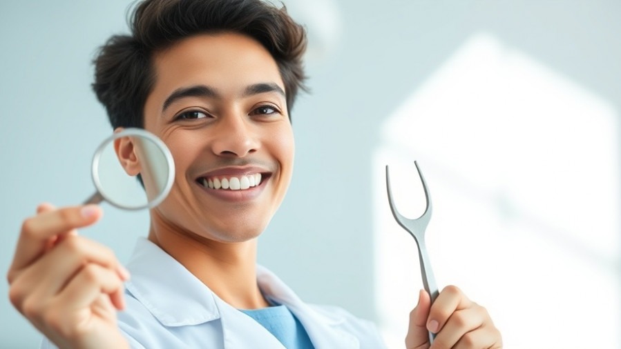 Confident young dentist with advanced dental skills and CGDent certification, smiling with tools.