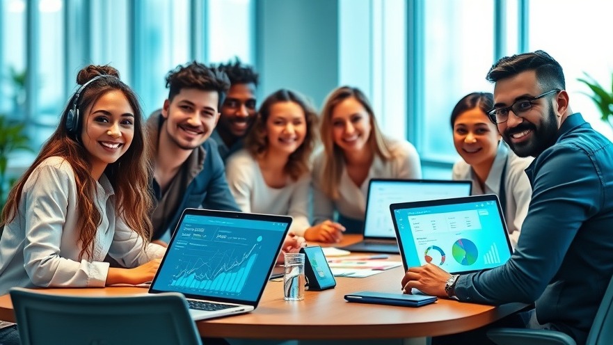 Diverse professionals collaborating in a modern workspace, showcasing AI-driven business strategies.