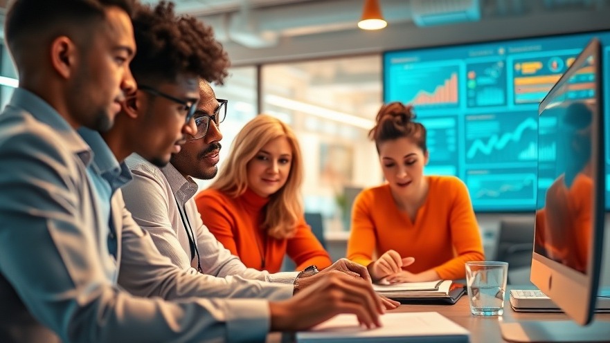Diverse professionals collaborating with AI-powered franchises in a vibrant office.