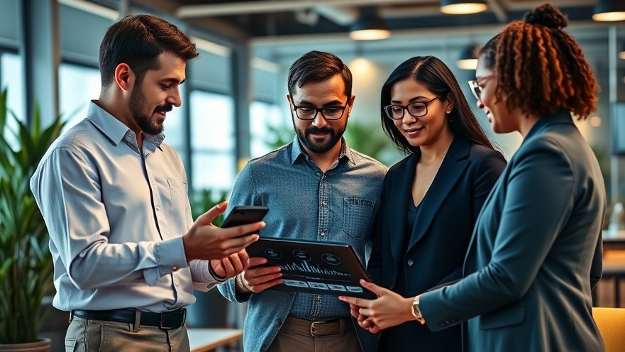 Professionals discussing AI technology in franchising with digital analytics on tablet.