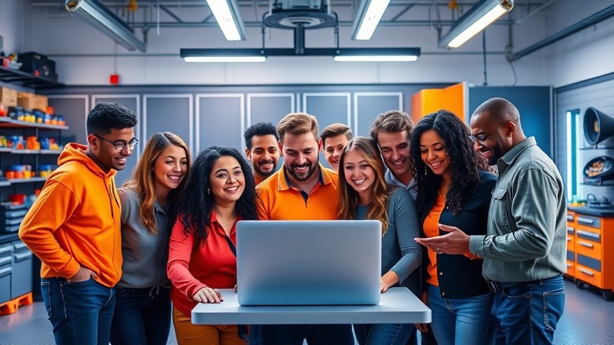 Diverse franchisees engaging with AI-powered franchise solutions in a modern garage.