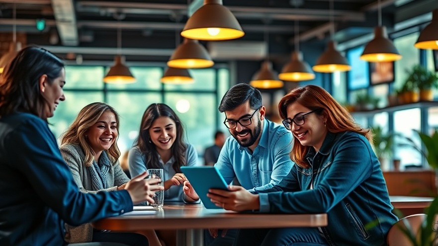 Franchise owners embracing franchise technology and AI-powered operations in a modern café.