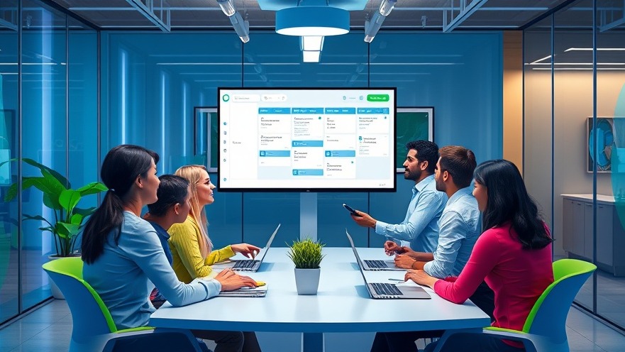Professionals discussing franchise automation tools in a vibrant office setting.
