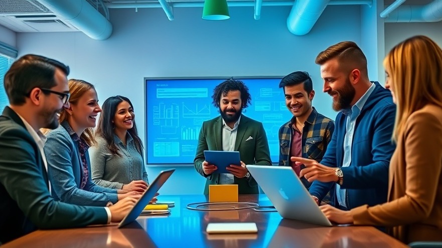 Leaders collaborating with AI-powered franchise solutions in a modern office.