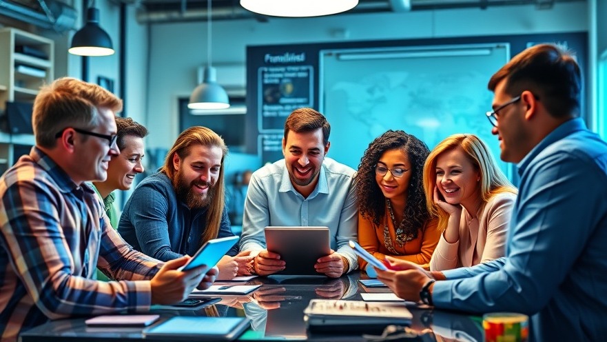 Franchise owners brainstorming with digital tools, showcasing AI in franchising.