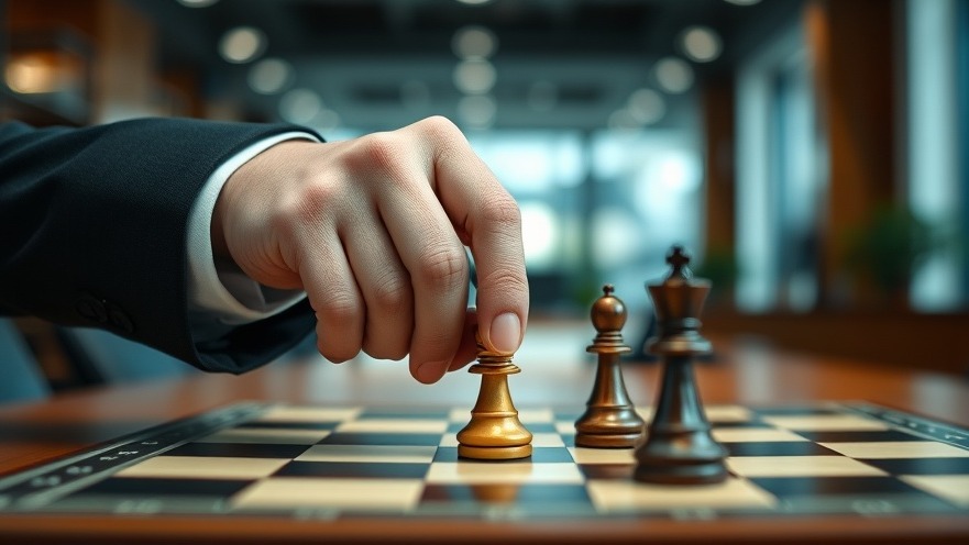 Focused hand in suit moves chess piece, symbolizing franchise leadership success.