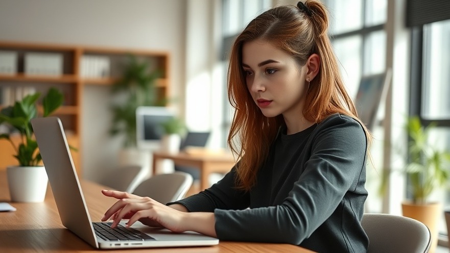 Young woman analyzing charts on laptop, showcasing franchise technology in a modern office.