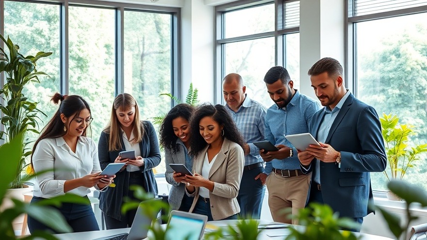 Diverse professionals collaborating with AI-powered customer service in a modern office.