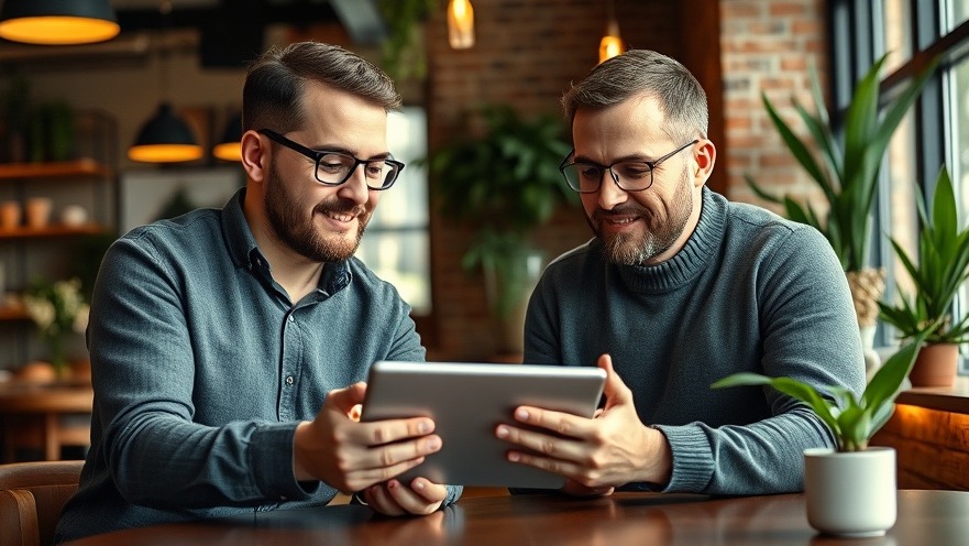 Two men collaborating in a cozy cafe, exploring AI in franchising strategies.